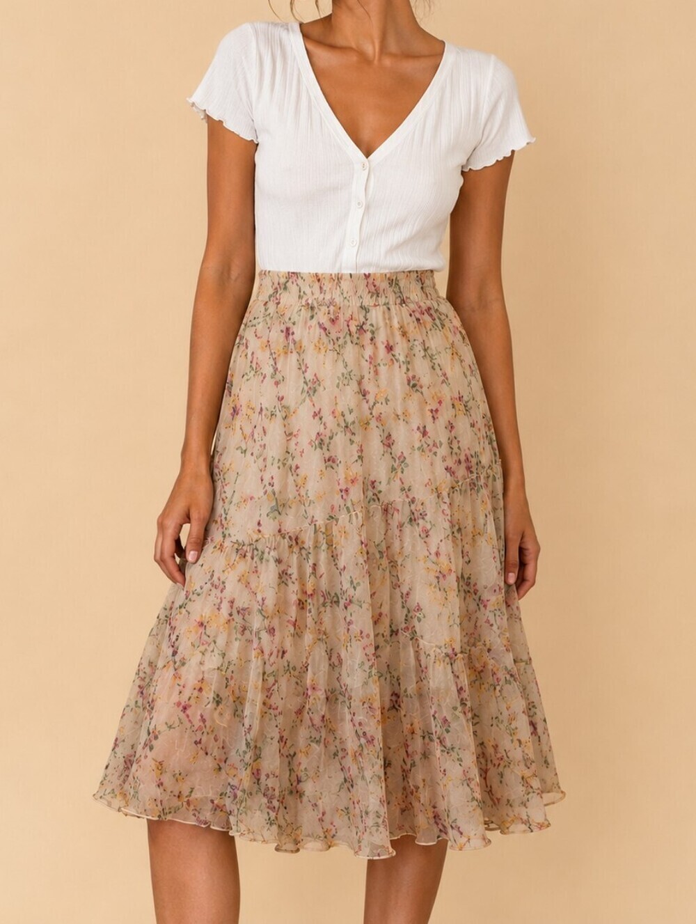 YOUNG AT HEART 1990s Fairycore Cream Lace Panel Embroidered Floral Midi Skirt